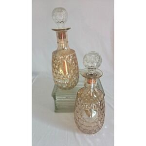 Vintage Amber Iridescent Glass Decanters Set of 2 Hobnail Texture with Stoppers